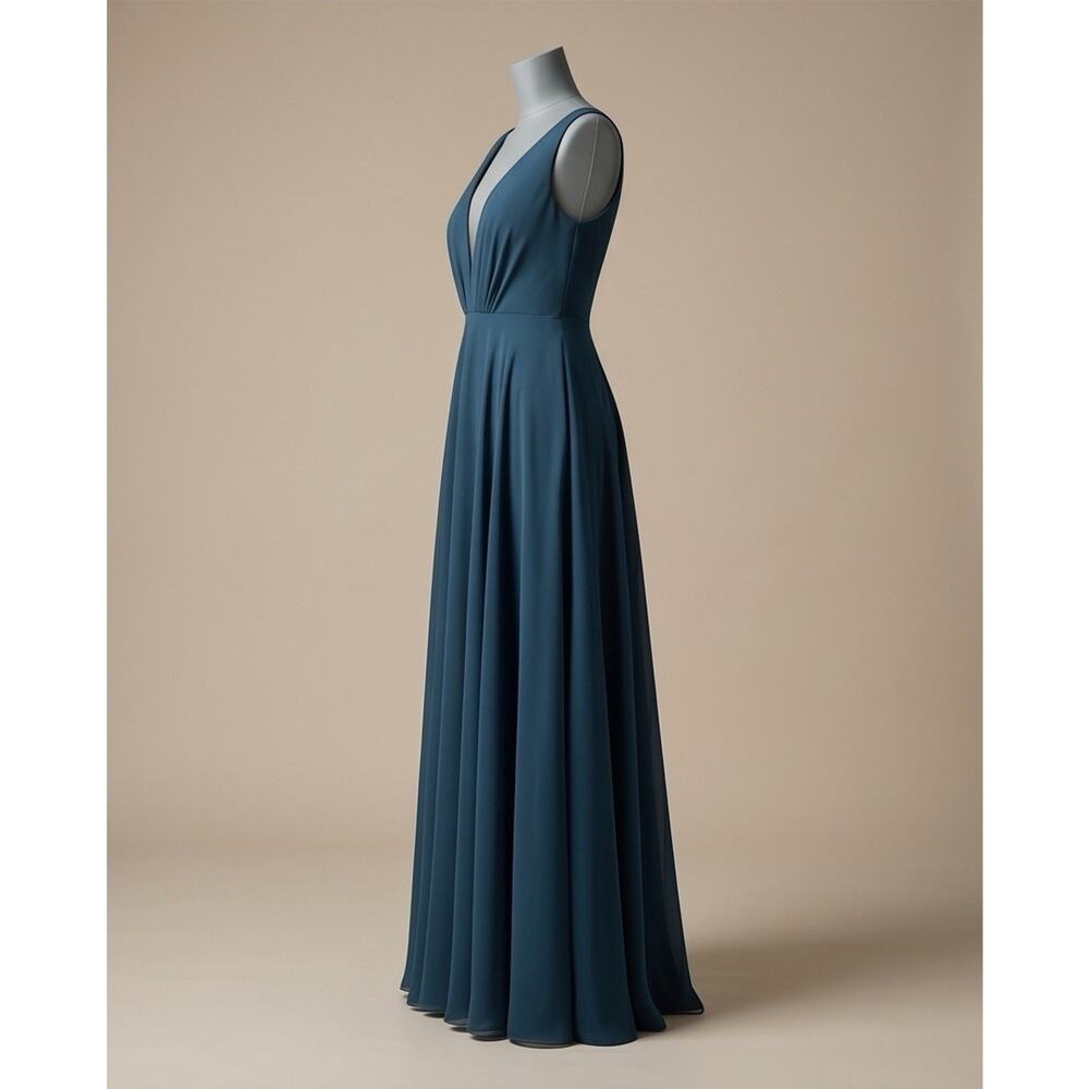Jenny Yoo Collection Navy Deep V Neck Pleated Chiffon Maxi Dress Gown Sz 4 $285 - Picture 2 of 15